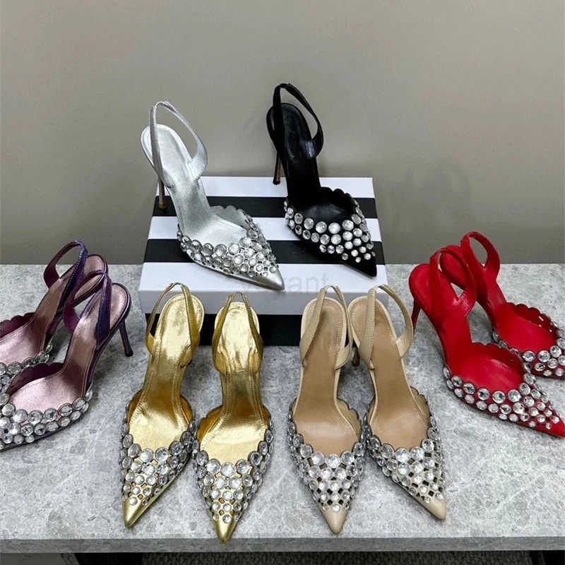 Luxurious Sles Wen Big Rhinestones Stiletto High H Sandals Slip On Slingback Ladies Summer Dress Shoes Z250326
