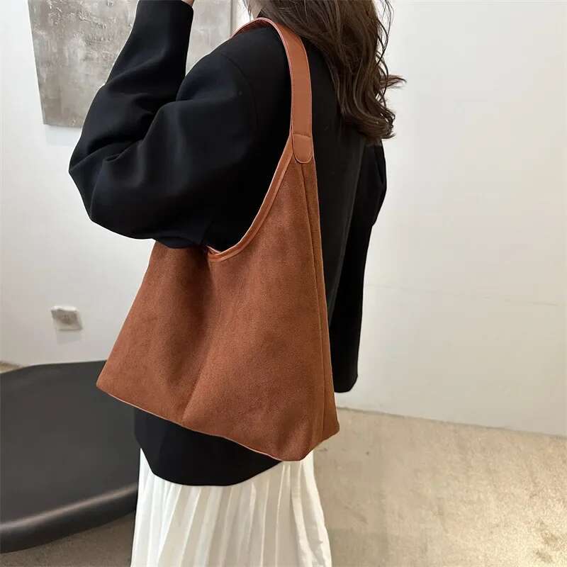 Vintage Faux Suede Tote Bags for Women Large Capacity Shoulder Ladies Underarm Bag Casual Simple Commuter Female Handbags