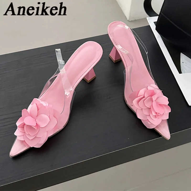 Aneikeh Wens Silk Flower Decorative Single Shoes 2025 Sexy Transparent PVC Pointed Slingbacks High H Par Dress Zapatos Z250326