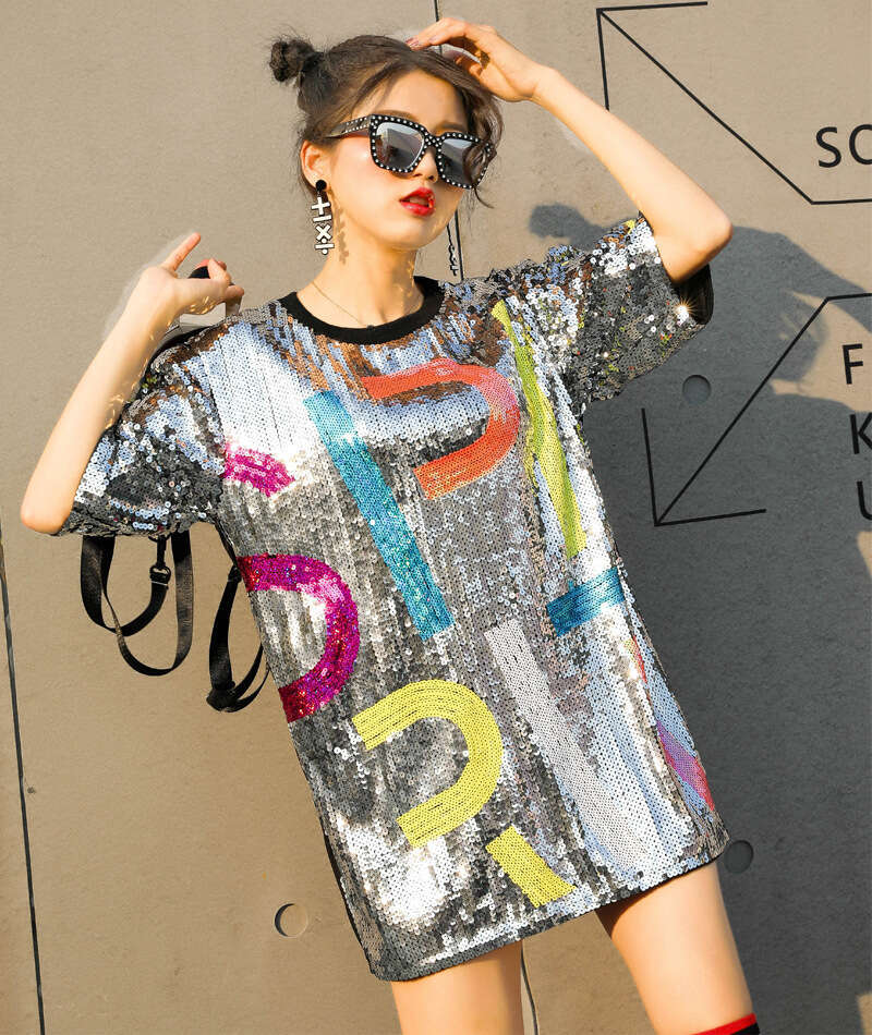 Korean version new fashionable plus size loose sparkling sequin letter top women's mid to long versatile T-shirt trend