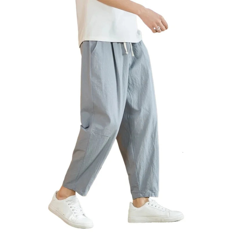 cotton linen mens casual solid color breathable street clothing loose straight pull bag lightweight sports pants 250326