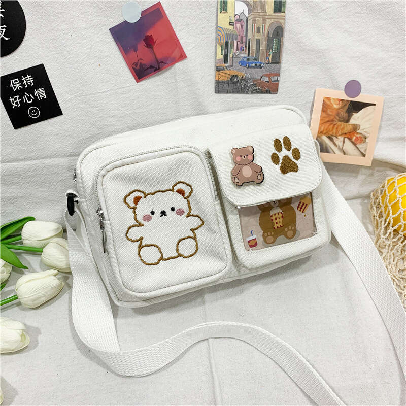 Canvas small ins antique, cute, funny and personalized embroidered bear student transparent crossbody bag