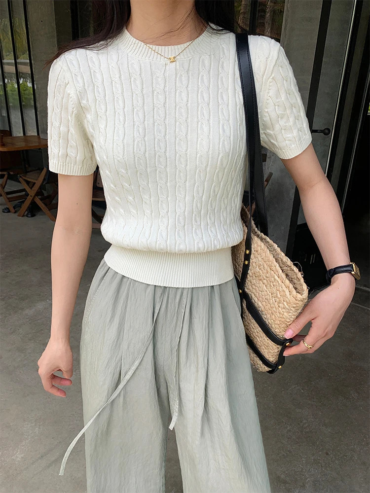 Womens Casual T-shirt O-neck Short sleeved Tuned Crop Top Ropa Mujer Summer Fashion Retro Korean T-shirt 250321
