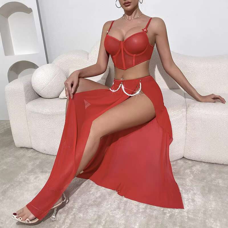 2025 Latest Model Women's Pamas Red Long Dress Push Up Sexy Underwear With Pearl Accessories