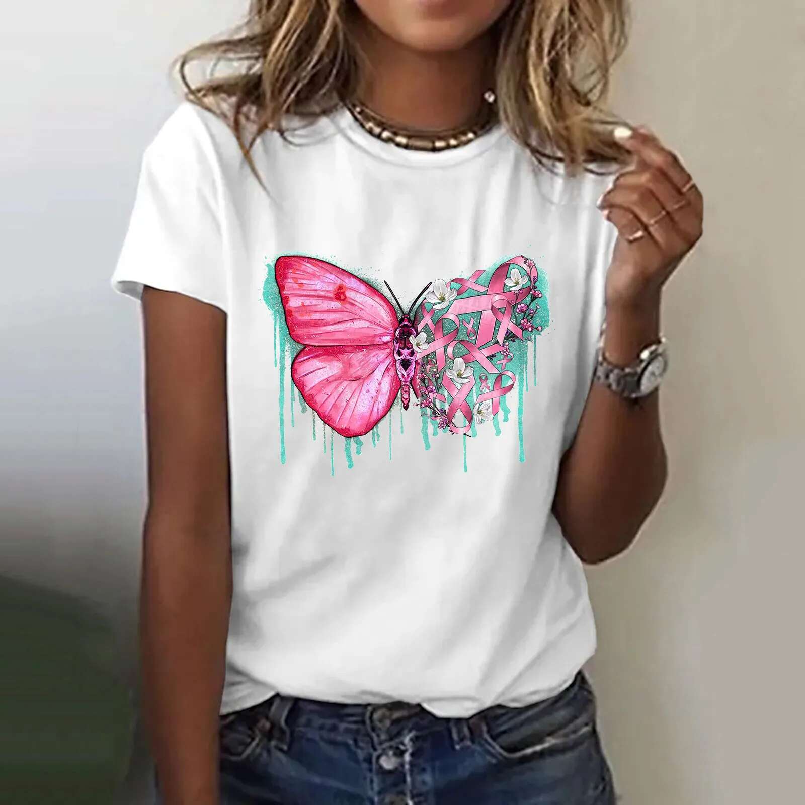 Ddmyshoesvip Breast Cancer Awareness Women T Shirt Cup Butterfly Ribbon Print Short Sleeve T Shirt Pink October Graphic Tees Tops