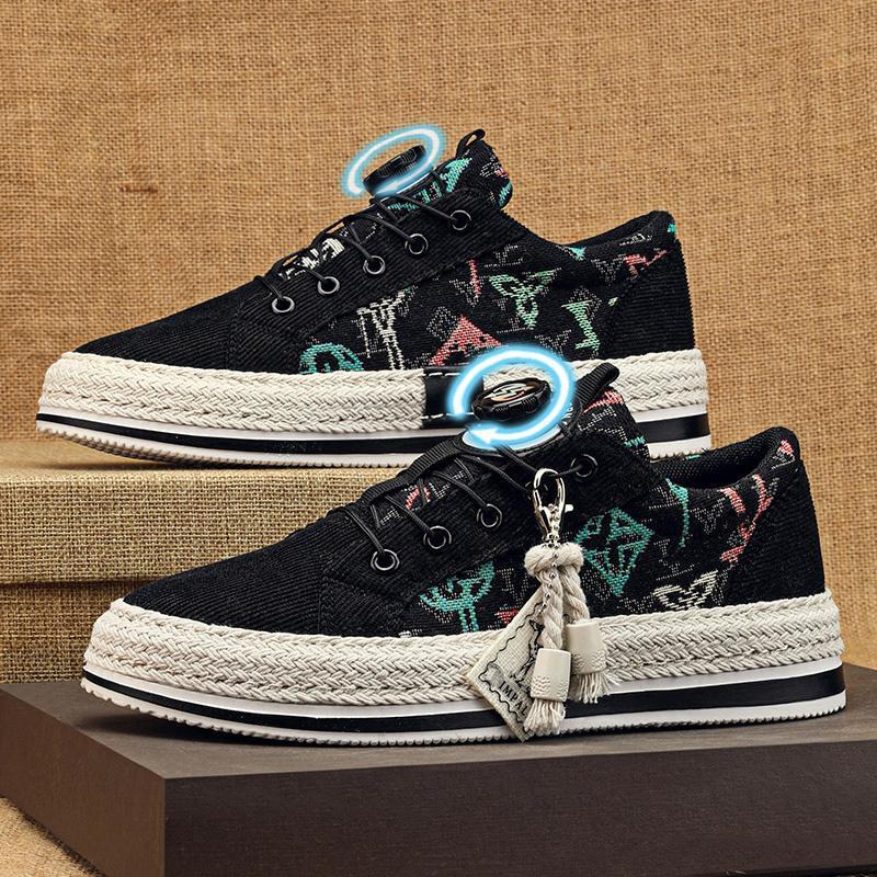 Designer's New Corduroy Fabric Breathable Rotating Buckle Free Lace Up Board Shoes Suitable For Summer Fashion Leisure Color Blocked Sports Men&#