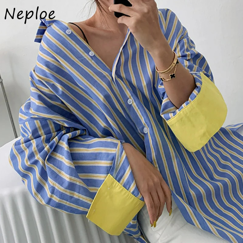 Neploe Turn Down Collar Stripe Contrast Color Patchwork Blouses Blusas Mujer De Moda 2025 Long Sleeve Single-breasted Shirts 250317