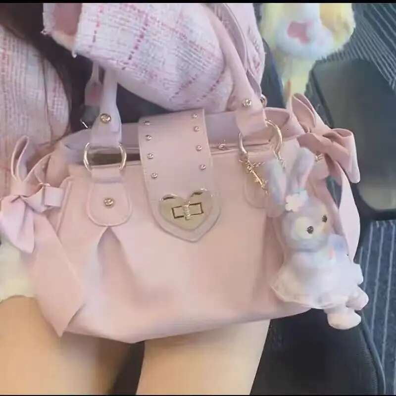 Haruku Bow Pink Hand Purse Women Japanese Style Soft Casual Crossbody Bag Ladies Sweet Cute Large Capacity Shoulder Bags