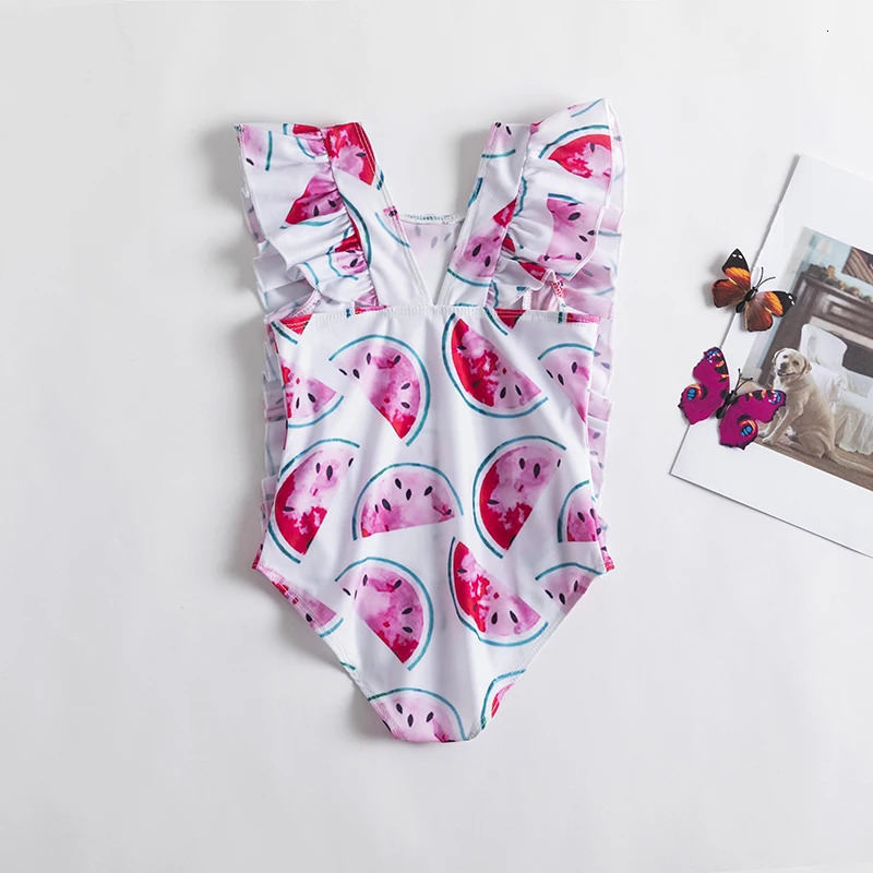 One Piece Girl Swimsuits 1 2 3 4 5 Year Baby Printed Swimwear Summer Beach Bathing Bikini Clothes Kids Bow Seaside Swimming Wear 250326