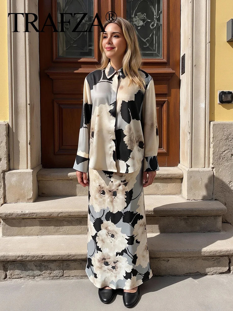 TRAFZA Womens Spring Fashion Silk Satin Texture Long Sleeve Printed Shirt Button Midi Dress Womens Printed Set 250321