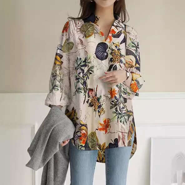 2024 long sleeved plus size cotton linen printed top, loose and trendy