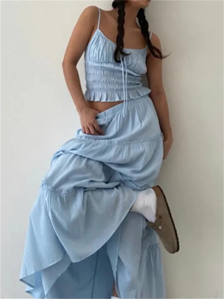 Womens Going Out Maxi Skirts Set Low Cut Lace Decoration Cami Top Crop Top High Waist Body Maxi Skirt 2PCS Set 250321