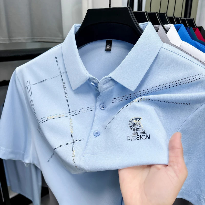 Summer Trend High Elasticity Mens Polo Short Sleeve Breathable Casual Cool Stripe Large Square Business Tshirt 250326