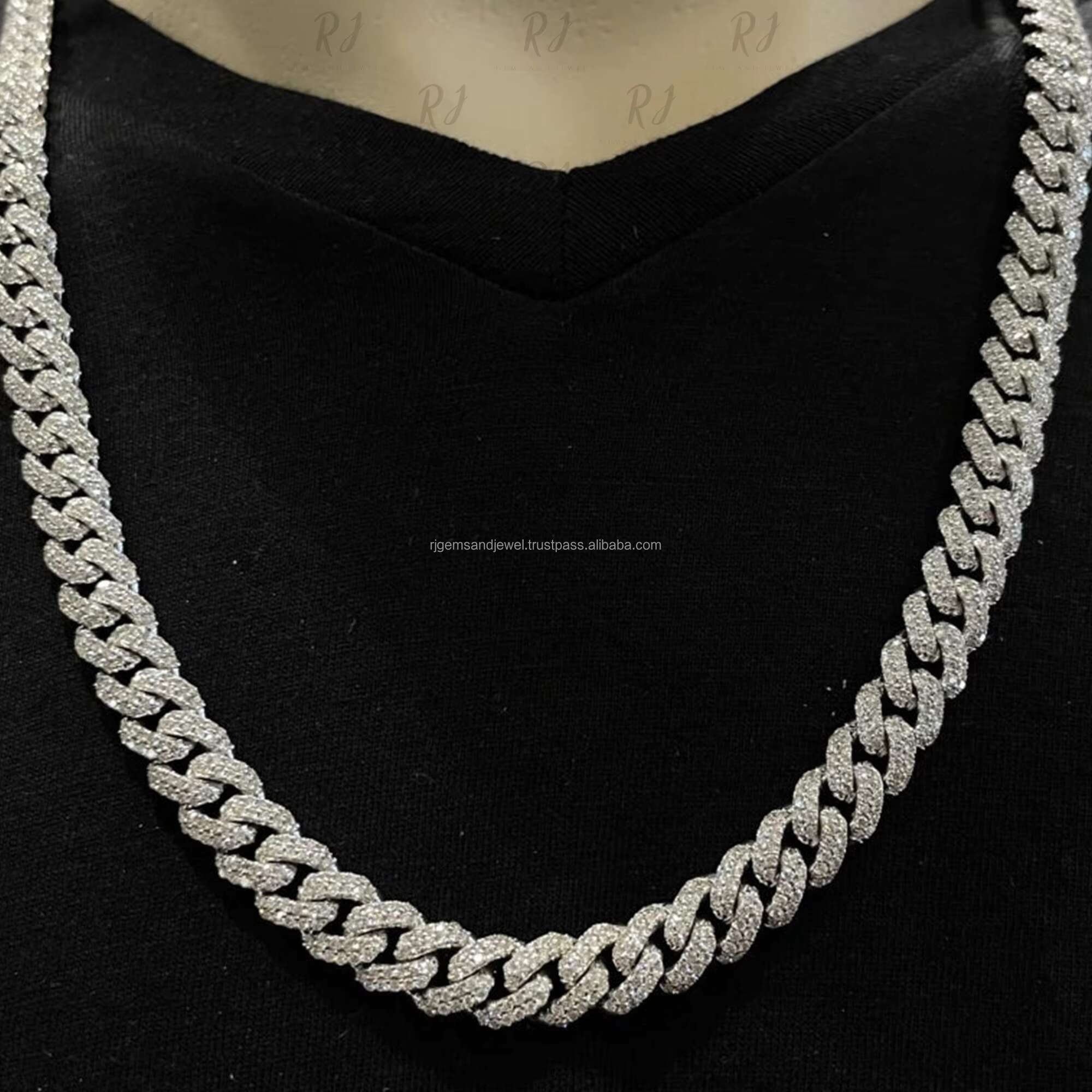 11.5MM Moissanite Cuban Link Chain Bling Rhinestone Silver Hip Hop Chain Necklace for Mens Jewelry
