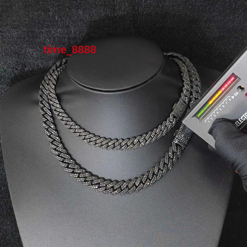 Black Plated 925 Silver VVS Black Moissanite Pass Diamond Tester Cuban Chain Hip Hop 10/12mm 2 rows Rhomboid Necklace