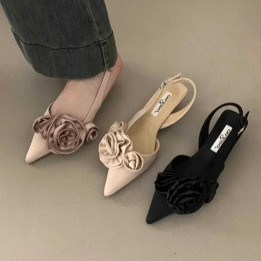 Elegant Wan Sandals High Heeled Sweet Rose Closed Toe Footwear 2024 Summer Slingback Pointed Fashion Dress Ladies Shoes Z250326