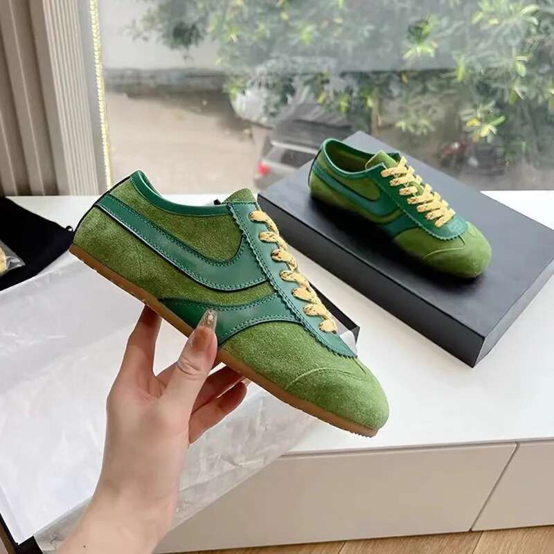 New Women's Green Vintage German Training Summer Breathable Casual Flat Sports Frosted Cowhide Single Shoes