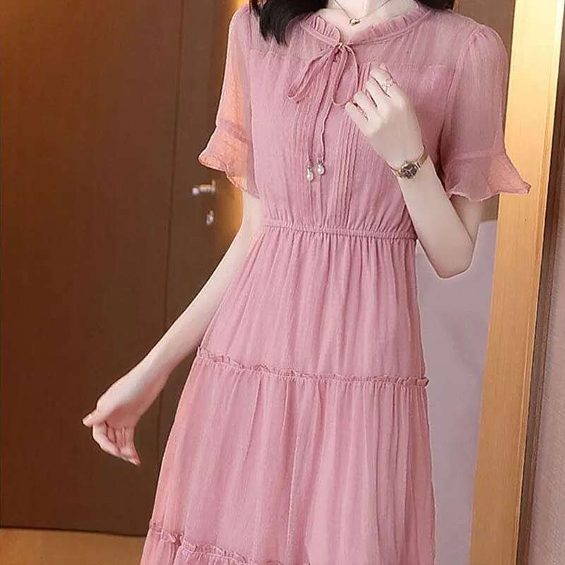 Casual Solid Color Chiffon Midi Dress Women's Clothing Summer New A-e Fashion Ruffles Patchwork Korean Drawstring Bow Dresses