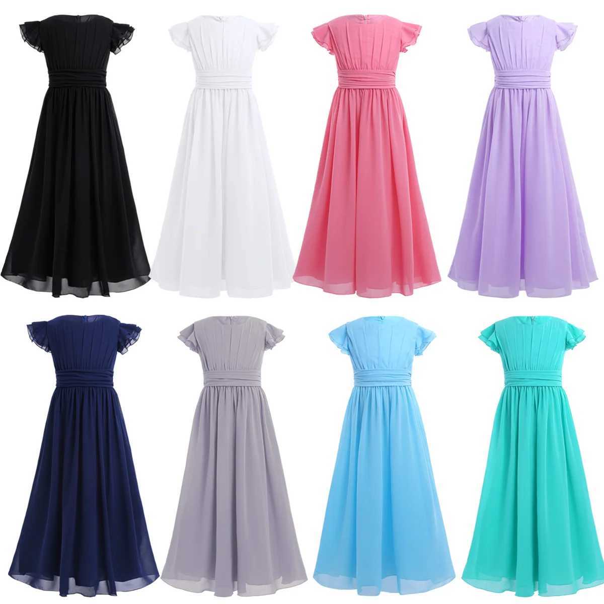 Childrens princess summer dress with pleated sleeves floral chiffon dress for girls Pageant wedding Par dance dress long skirt W250326