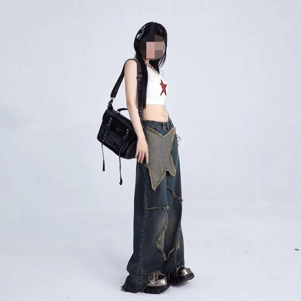 American Five Pointed Jeans For Women, Y2k High Waist Slimming Design, Star Fringed Straight Leg Pants With Floor Length