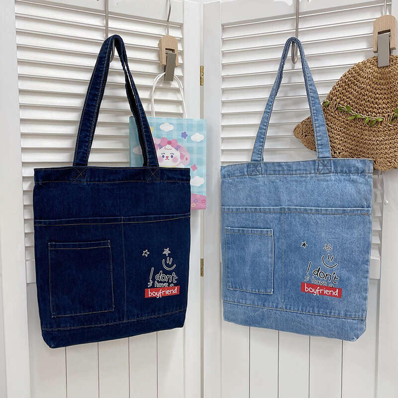 Cowboy shoulder casual and minimalist Korean version women, tote for girls, canvas, student portable tutoring bag