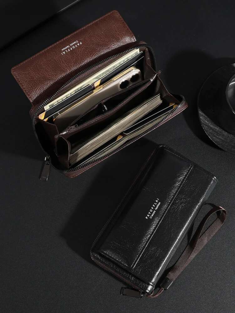 Men's PU Zipper Large Capacity Long Tote Bag With Multiple Card Sleeves Designer Double-layer Wallet