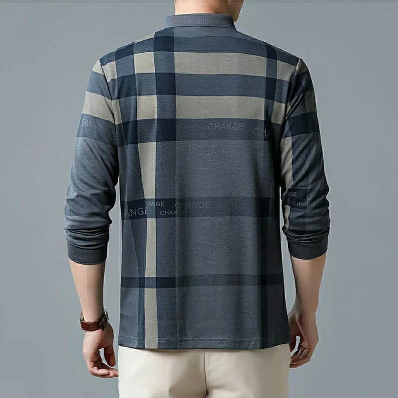 Mens striped plain retro polo shirt spring and autumn long sleeved business mens basic pocket casual loose top 250326