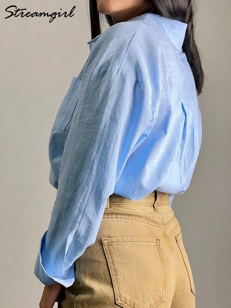 Blue Oversize Women Cotton Linen Shirts And Blouses Long Sleeve Summer Basic White Office Women Shirts Loose Top For Woman Linen 250325