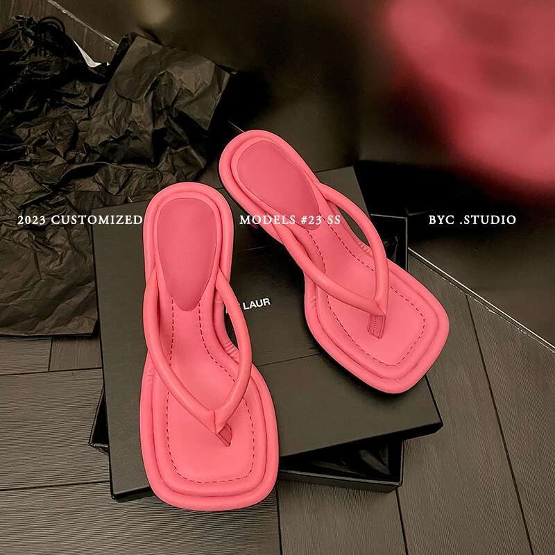 RAINBOW Size 33-41 Classic Flip P Pu Leather Round Toe Thin High Heels Women Slipper Summer Shoes Pink Top Quality Sandals