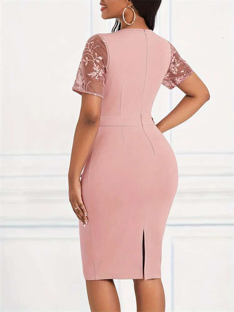 Dongdumaoyi Elegante Ruches Met Paillettenapplicatie Gekruiste Halslijn Doorschijnende Sexy Bodycon Jurk Stijl A