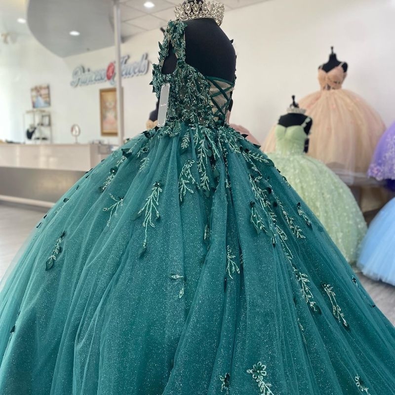Blackish Green Shiny Quinceanera Dresses Sweetheart Ball Gown Off The Shoulder Applique Lace Beads Tiered Corset Sweet 16 Dress Vestidos De 15 Anos