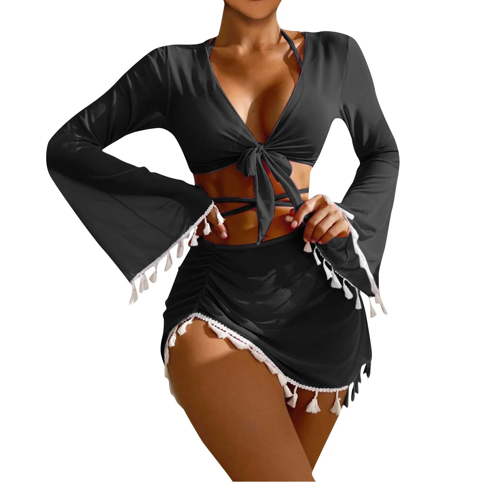 Solid Color Sexy Fashion Slim Fitting Beach Swimwear For Lady Split Lightweight Strap High Waist Pleated Cover-up Four-Piece Set 250324