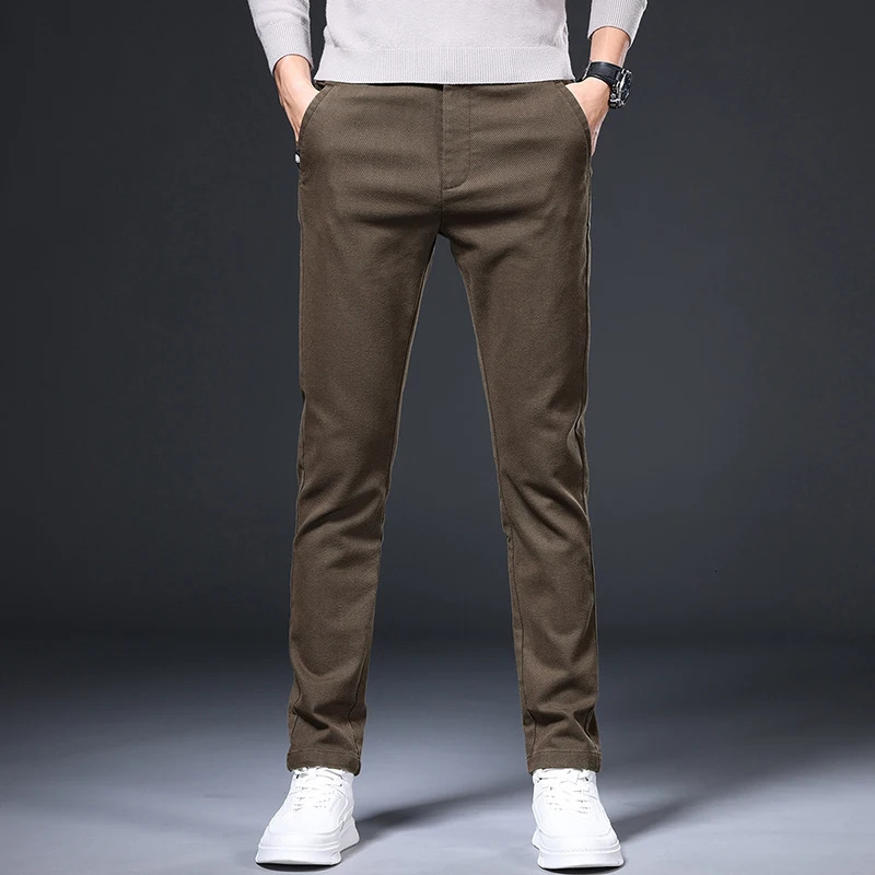 Spring and autumn mens casual pants commercial ultrathin elastic fashion straight leg waist pocket black gray khaki color 250326