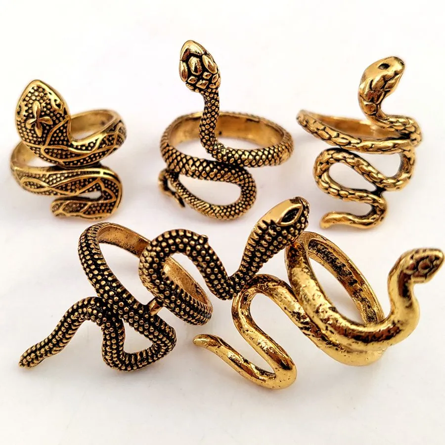100pcs/lot Exaggerated Antique Punk Style Animal Snake Ring Gold Silver Black Mix Hip Hop Rock Fashion Ring Party Jewelry Unisex LL