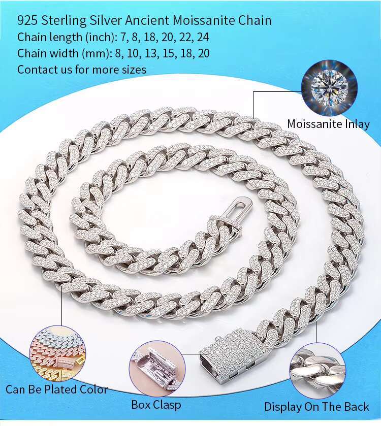 Redleaf Wholesale Price Miami Hiphop Mossanite Cuban Necklace 6mm 8mm 10mm 12mm 14mm 925 Silver Moissanite Cuban Link Chain