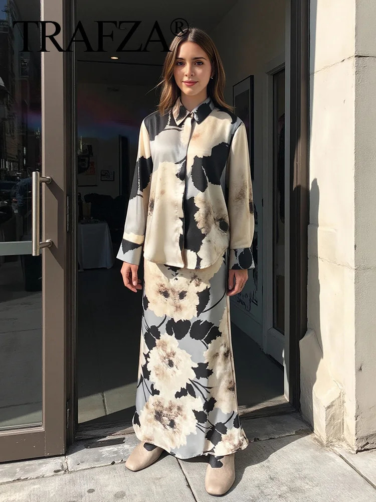 TRAFZA Womens Spring Fashion Silk Satin Texture Long Sleeve Printed Shirt Button Midi Dress Womens Printed Set 250321