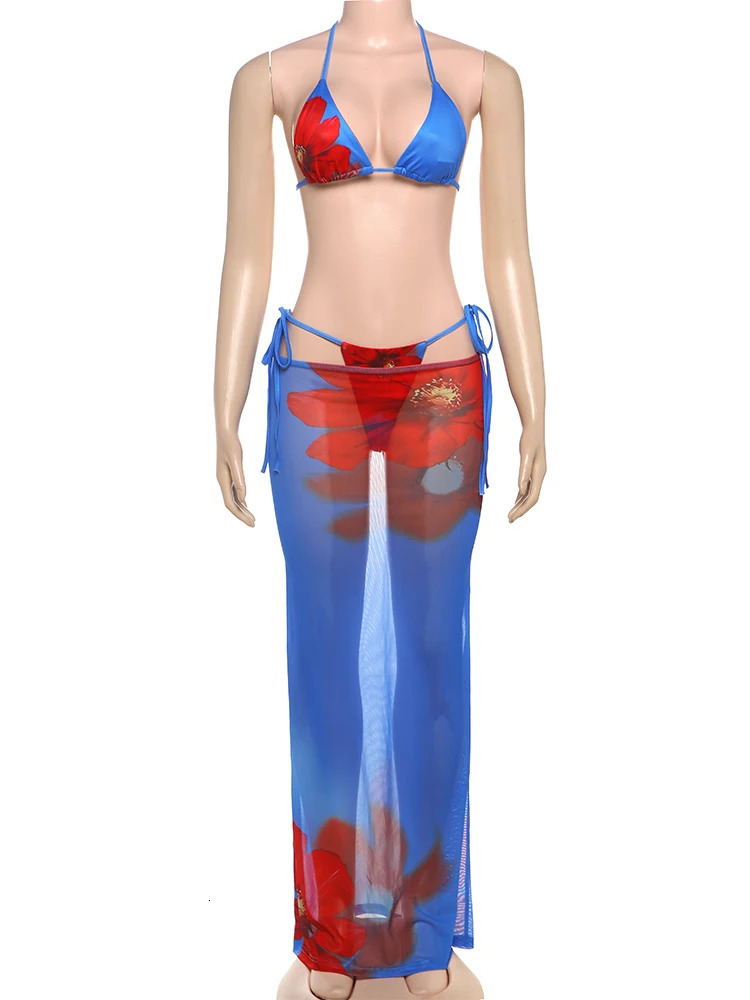 Weird Puss Swimsuit Women 3Piece Set Colorful Print Vacation Beach Style Bandage BrBriefsMesh Skirts Midnight Club Party Suit 250324