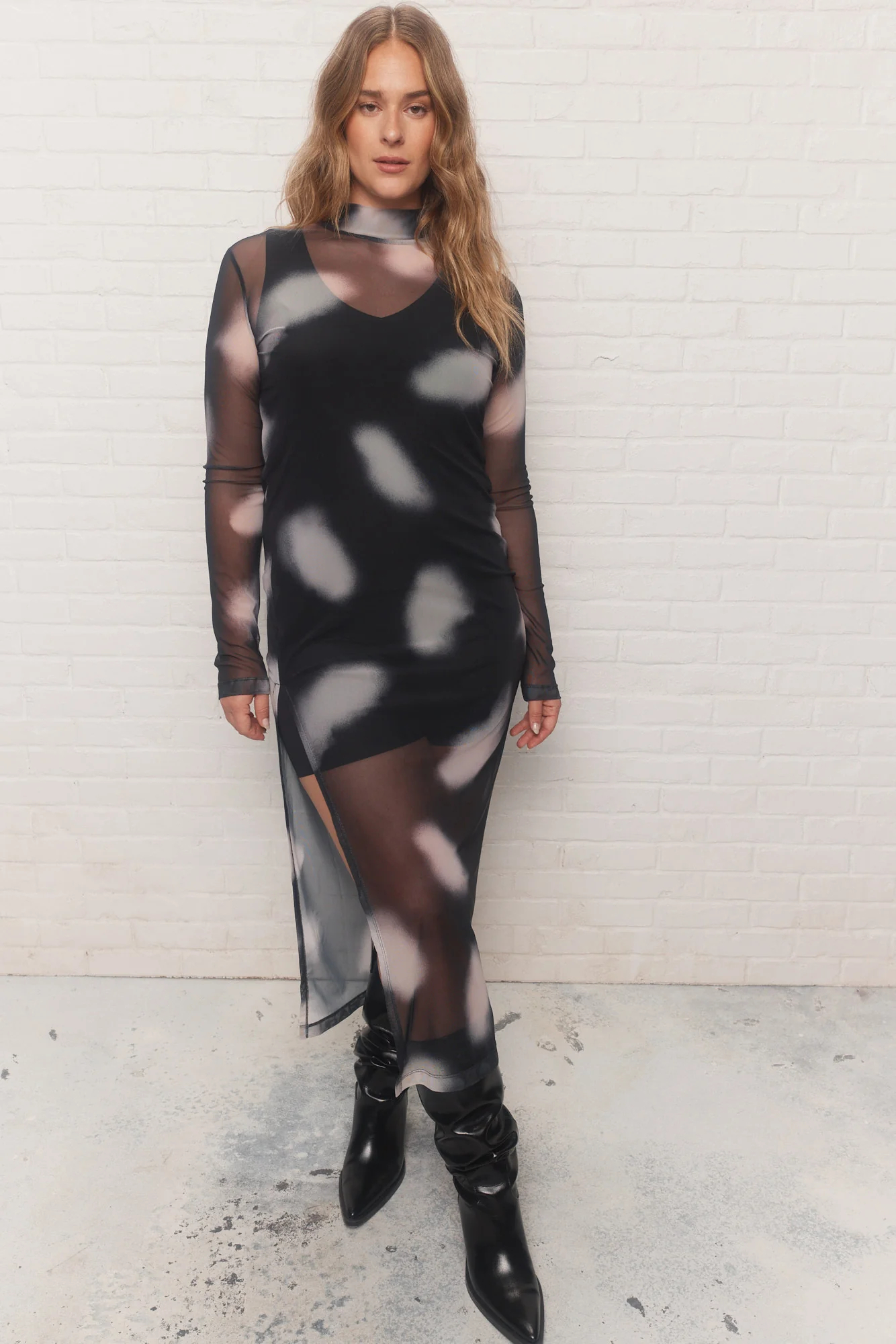 Women's Black Tie-dye Print Sheer Midi Dress Casual Street Style Mesh Fabric Fitted Dress Long Sleeves High Neckline Asymmetrical Side Slit