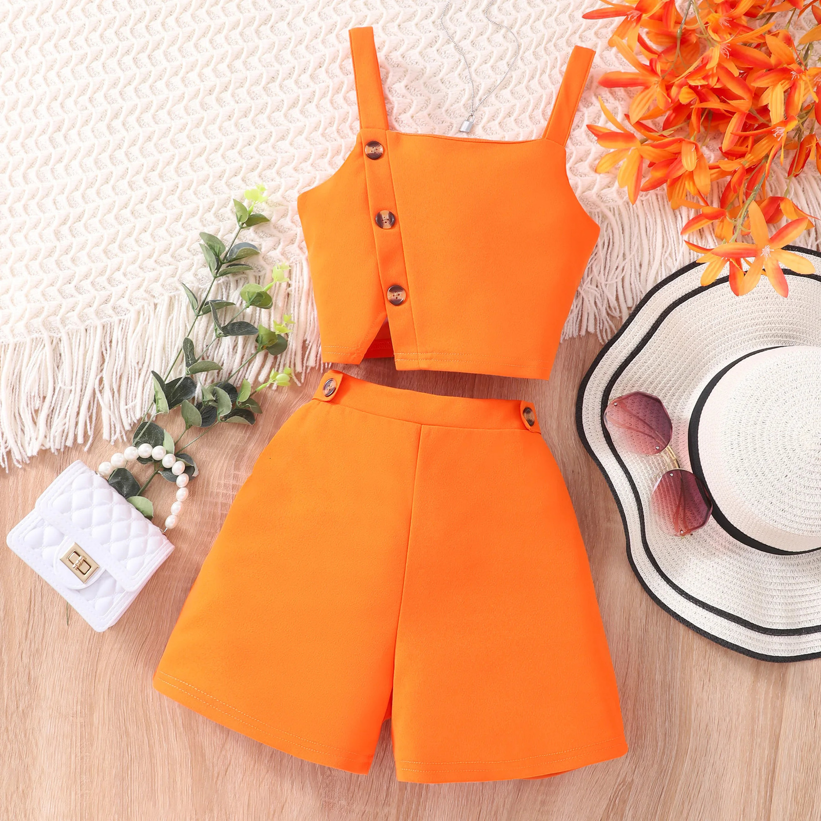 Girls Set 7 8 9 10 11 12 Years Old Summer Minimalist Sleeveless Strap Shorts Suit Casual Teen Outfit Kids Girl Clothes 250326