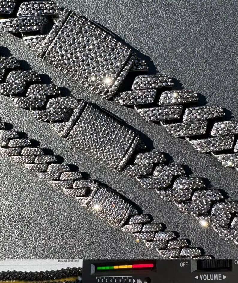 MOISSANITE 925 Sterling Silver Cuban Link Chain Necklace 8mm-12mm Strand 16-30 Lengths Black Rhodium over Prong Cuban Link