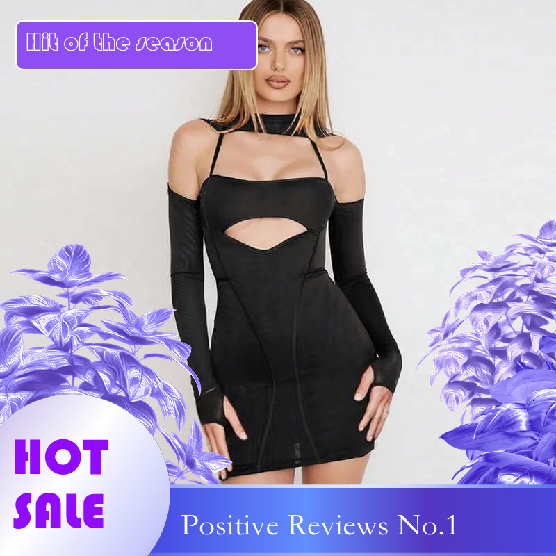Dongdumaoyi Vrouwen Mesh Stiksels Lange Mouwen Ronde Hals Holle Jurk Sexy Taille Trimmen Mini Rok C