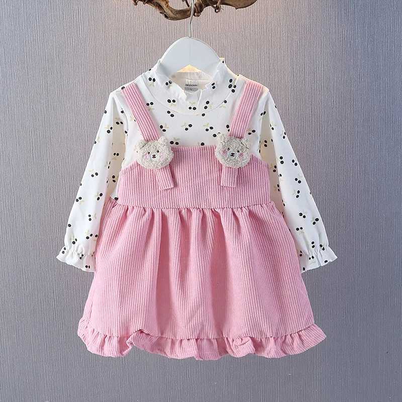 Girls casual dress cute cherry bear pendant dress childrens clothing 2-6 year old girls clothing princess dress W250326