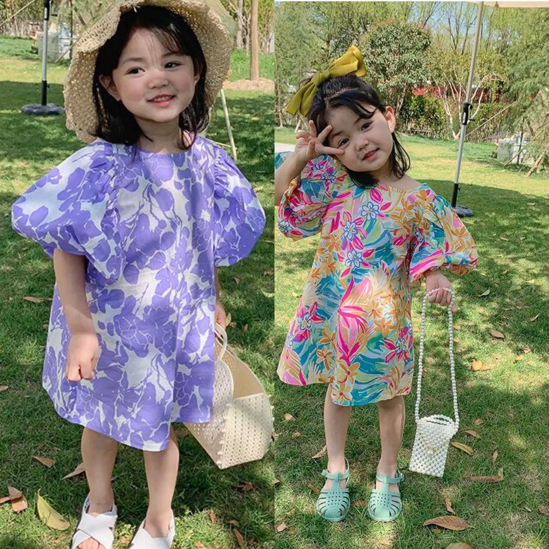 Summer girls dress with flower bud sleeves loose casual dress baby and childrens clothing W250326