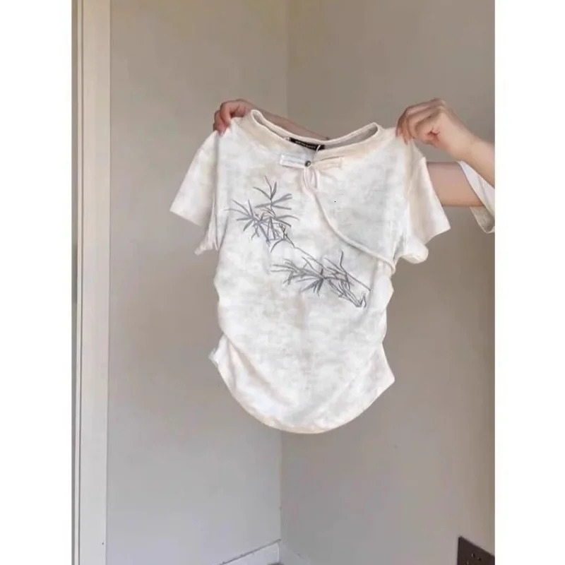 buckle tie dye short sleeved T-shirt for women bamboo leaf wide leg pants casual and fashionable womens two-piece set 250321