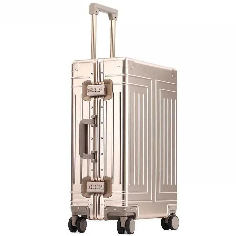 Suitcases New top quality aluminum travel business trolley suitcase bag spinner boarding carry on rolg lage 20/24/26/29 inch Q240217