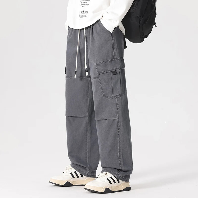 Loose Straight Cargo Pants Men Multi Pocket Fashion Casual High Street Pant Drawstring Spring Summer Korean Hip Hop Trousers 250321