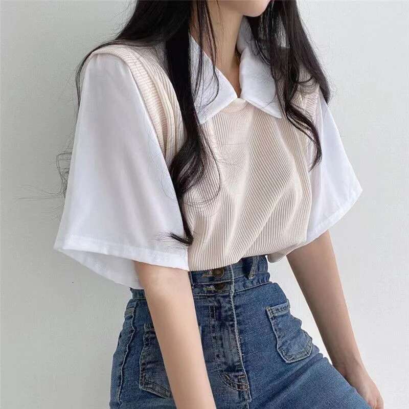 Ddmyshoesvip Women S Summer Fake Two Piece Lapel T Shirt Sweet College Style Girly Color Contrast Shrot Sleeve Casual Versatile Tops
