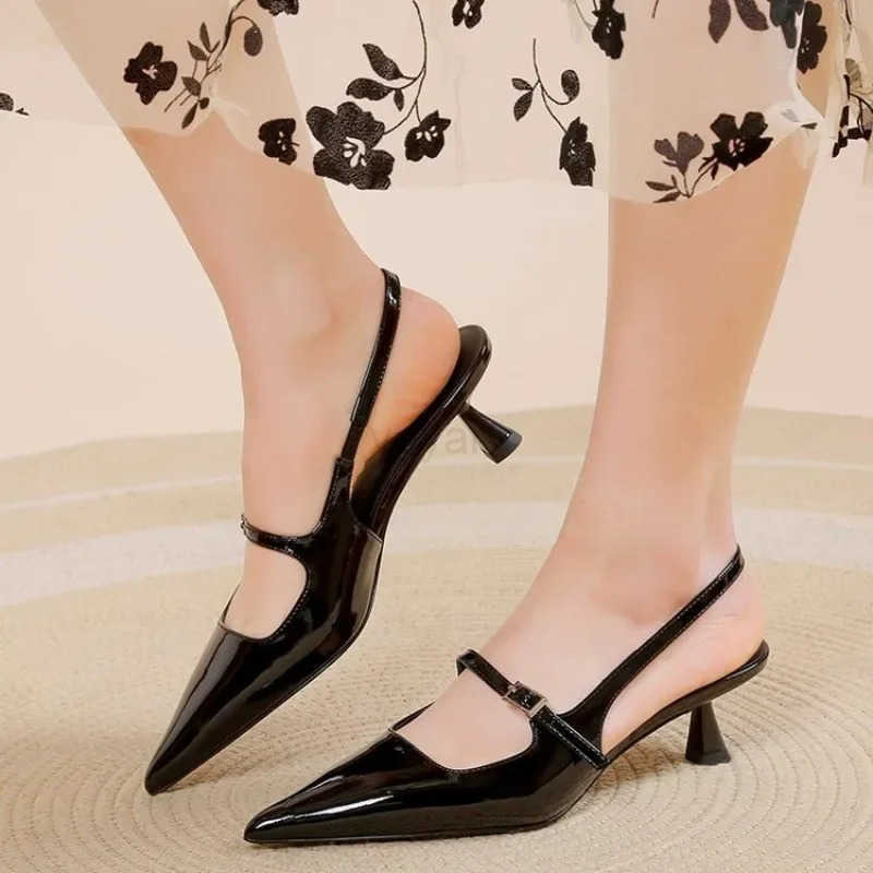 2024 New Summer Wens Sandals French High H Pointed Toe Temperament Baotou Sandals One-Buckle Back Emp Sandals 35-42 Z250326