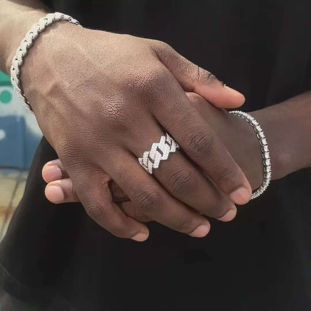 Exquisite Fully Iced Out MOISSANITE PRONG CUBAN LINK 925 STERLING SILVER RING for Man