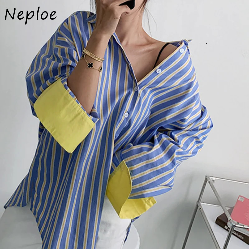 Neploe Turn Down Collar Stripe Contrast Color Patchwork Blouses Blusas Mujer De Moda 2025 Long Sleeve Single-breasted Shirts 250317